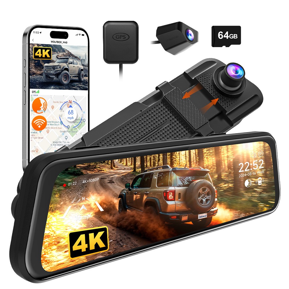 Wolfbox M40 Dash Cam Car Front Rear WIFI & GPS 10 Inch Dash Cam Car Camera