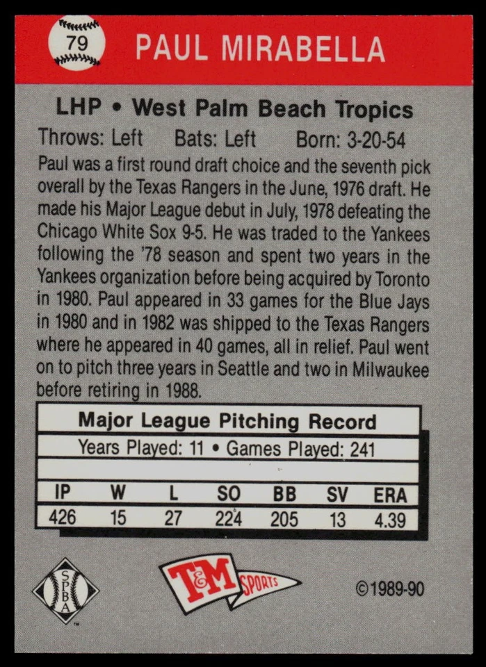 1989-90 T&M Senior League #79 Paul Mirabella West Palm Beach Tropics - Image 2 of 2