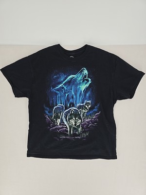 DOM Men T-Shirt Sz XL Black Wolf Howling Graphic Short Sleeve Crew Neck Tee