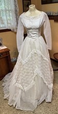 Antique VTG 50s 60s Wedding Dress Gown XS Tulle Lace White B34" W24"
