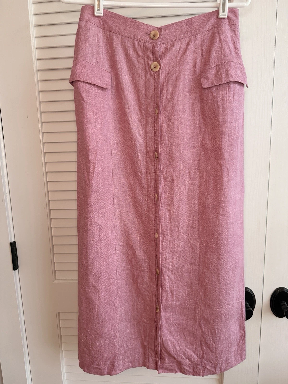 Harve Benard Pink 100% Linen Button Front Midi Skirt Womens Size 6 Cottagecore