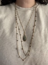 Gold Tone Layered Cable Chain Necklace Teardrop Green Bezel Charm Pendant