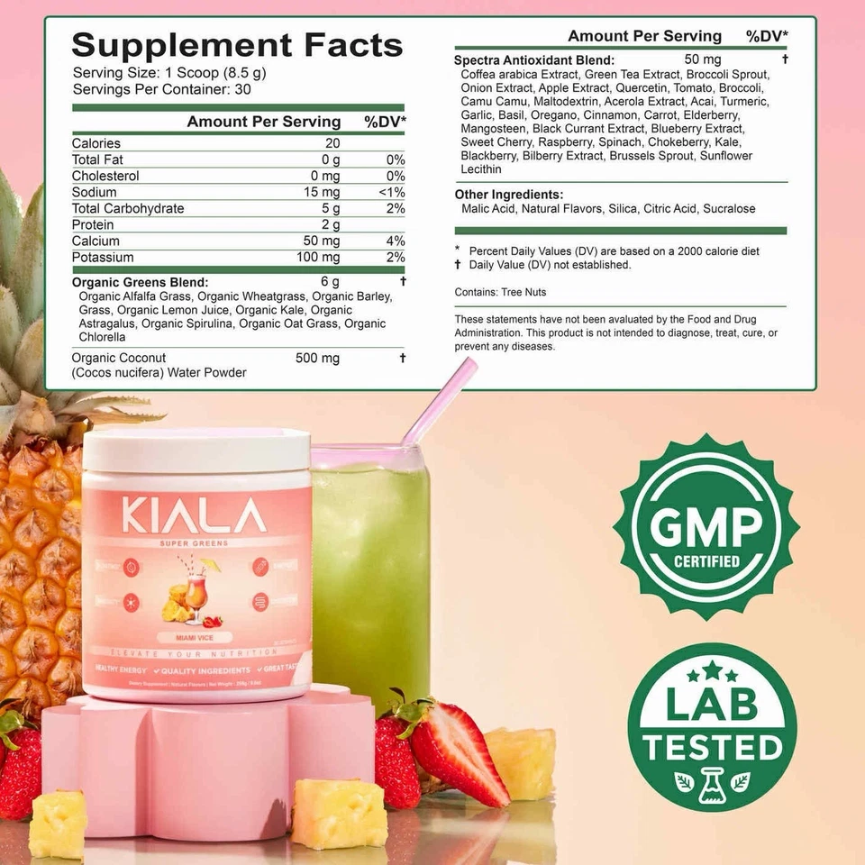 Kiala Nutrition Super Greens - Polvo de verduras orgánicas | Sabor Miami Vice | 30 Se Foto 4 de 4