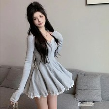 Sexy Korean Dress French Style Waist Closed Long Sleeve Collarbone Exposed Sweet