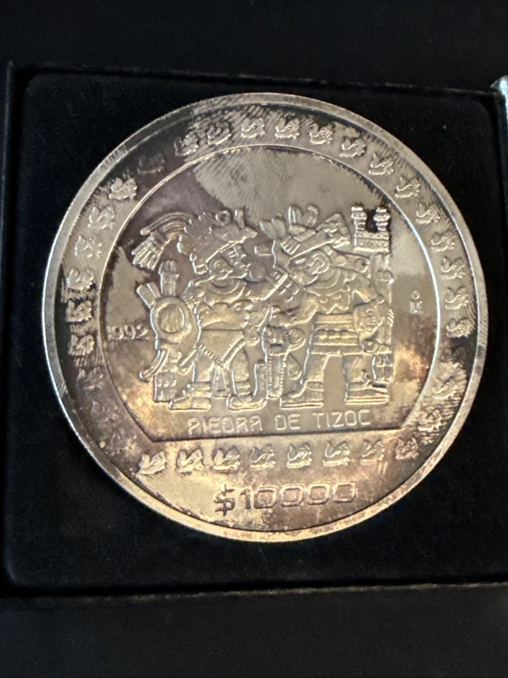 1992 Mexico 5 oz Silver $10,000 Piedra de Tizoc Coin Toned Aztec Design Treasure - Image 3 of 4
