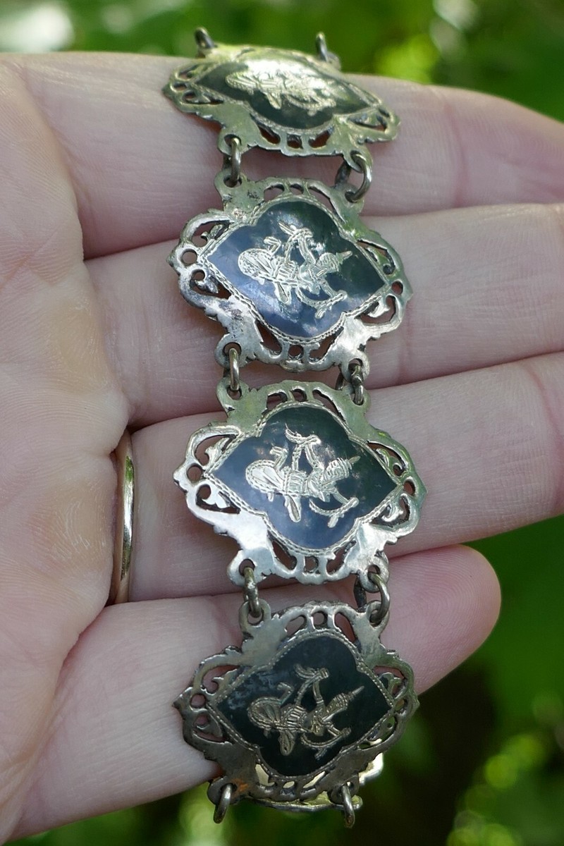Vintage Siam Sterling Silver & Black Enameled Bracelet - 6 3 Vintage Siam Sterling Silver & Black Enameled Bracelet - 6 3