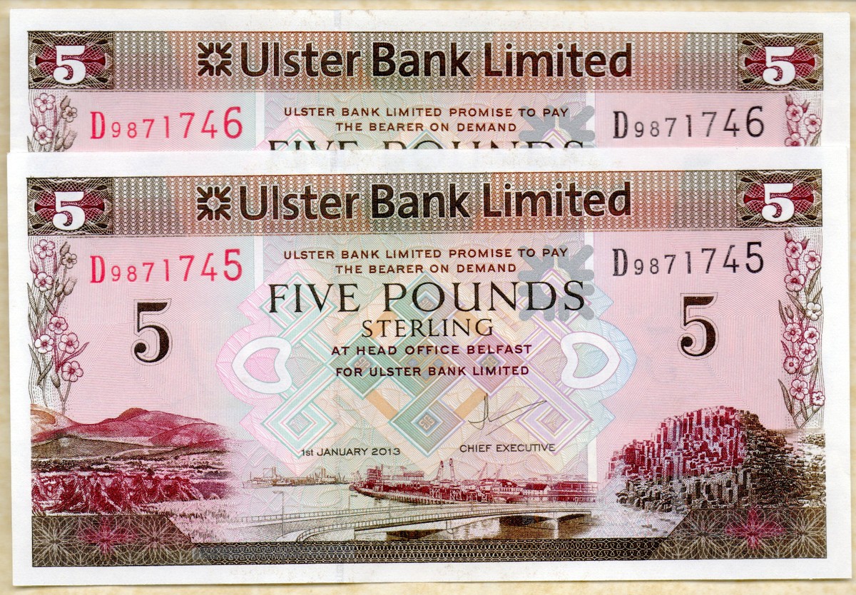 ULSTER bank LTD Belfast £5 five banknotes 1989 2001 2013 currency