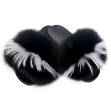 Genuine Black-White Fur Slides NEW! Slippers With Fur Sandals With Real Fur FOX