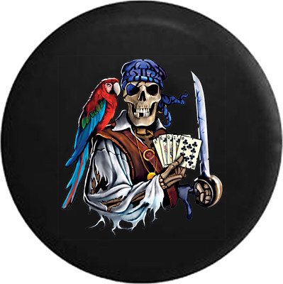 Spare Tire Cover Pirate Skeleton with Parrot Poker Hand and Sword JK Accessories