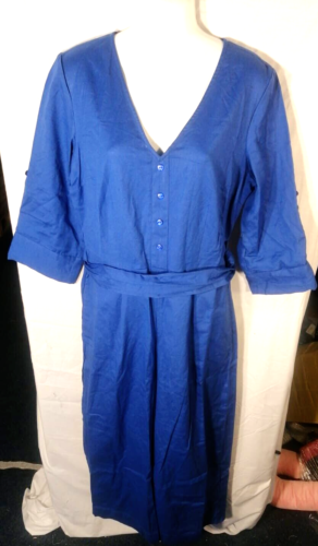 Women Wrap Jumpsuit Linen Mix Belted Blue Linen Casual Ladies Dress UK 10 EU 36 - Afbeelding 1 van 3
