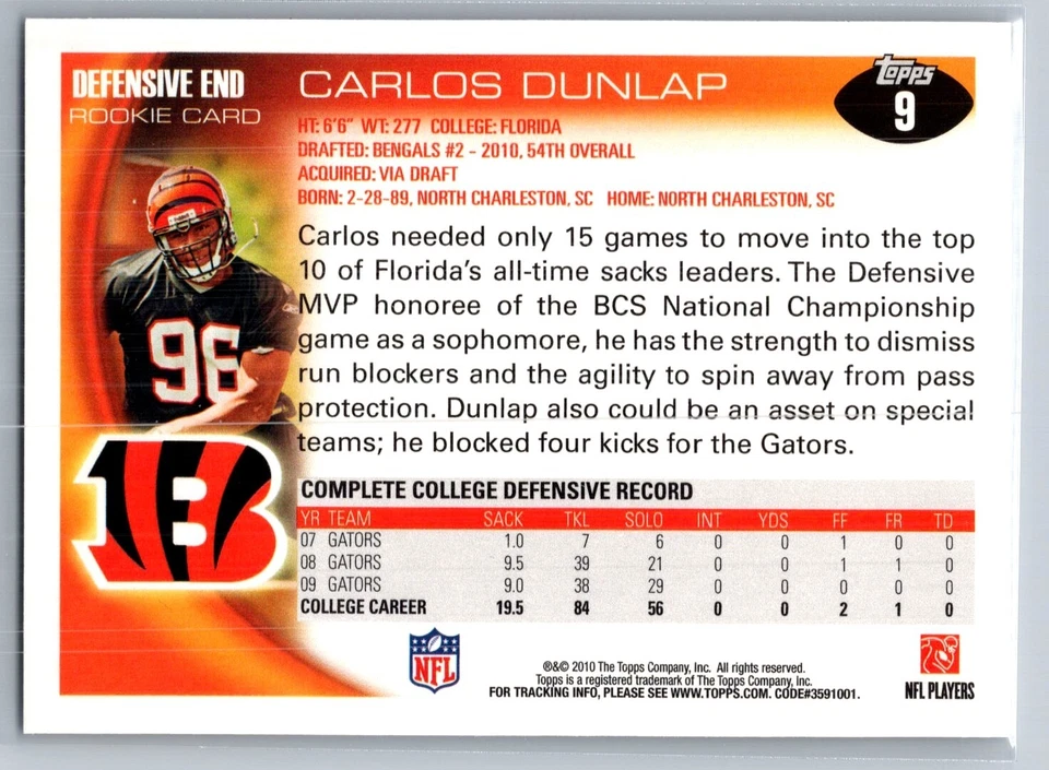 2010 TOPPS FOOTBAL 9 CARLOS DUNLAP BENGALS  RC - Image 2 of 2