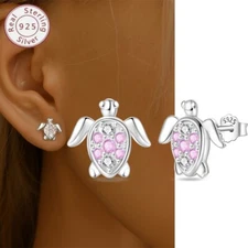 KUNSIR 925 Sterling Silver AAA CZ Pink Turtle Stud Earrings Women Jewelry Gifts