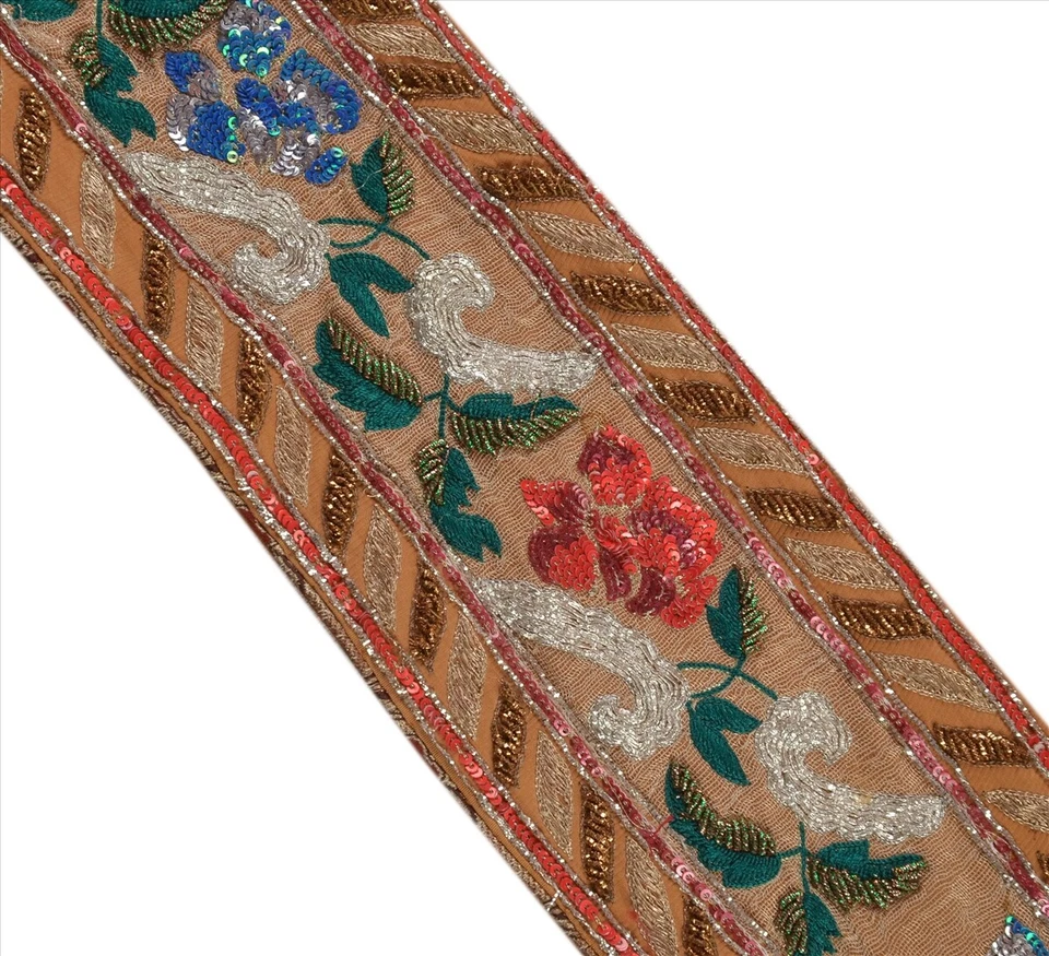 Санскрити винтажное сари отделка каймой 1 ярд бежевый рукоделие бисер шитье деко кружево - Изображение 3 из 4