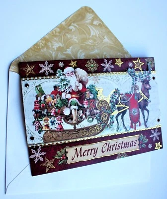 *PUNCH STUDIO Set of 4 Gold Foil 3D Dimensional Christmas Cards ~ SANTA'S SLEIGH