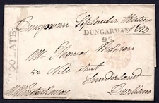IRELAND TO ENGLAND 1833 DUNGARVAN TO DURHAM FOLDED LETTER WITH MARKING