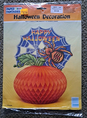 Vintage Party Fantasies Halloween Pumpkin Spider Tissue Honeycomb 11 1/2''  w/Pkg