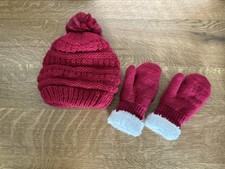 Toddler Girl Winter Hat And Mittens. Red with White Lining And Trim.