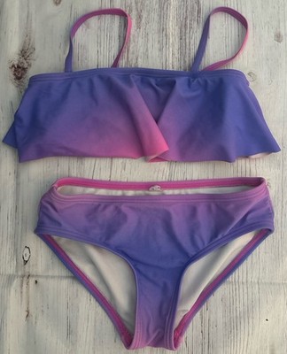 Okami Purple Pink Ombre Ruffle Bikini Set Adjustable Straps 2 Piece Swimwear