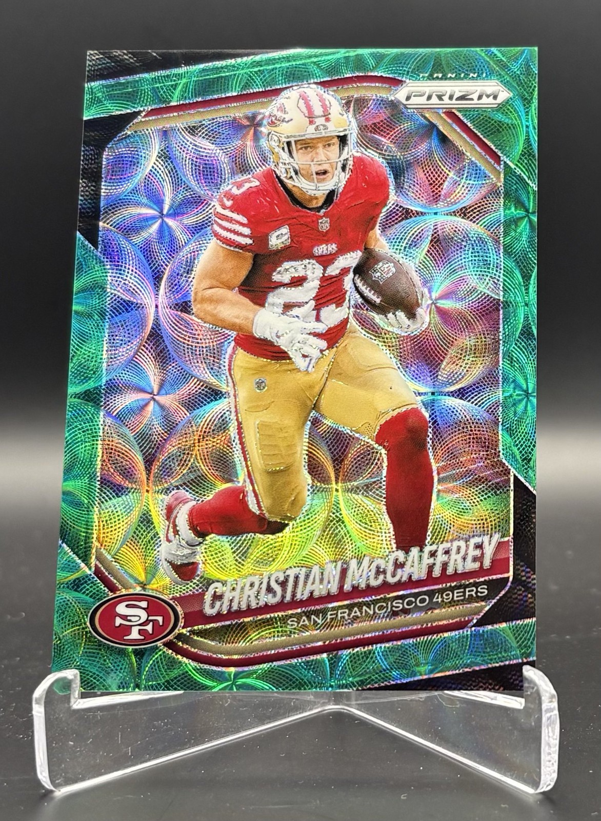 Christian McCaffrey 2025 Panini Prizm #156 Green Scope 55/75 San Francisco 49ers