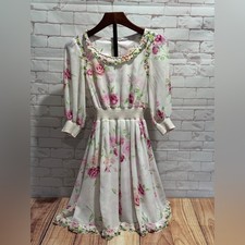 Jesus Diamante Floral Chiffon Dress Embroidered Neckline & Smocked Waist size 38