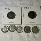 Lot of 5  Silver Roosevelt Dimes, VF to EF condition 1964 ,  1935 & ‘37 nickel