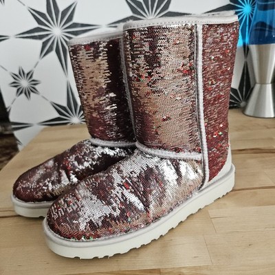 Ugg Classic Short Sequin Silver Red Boots Size 10 Genuine