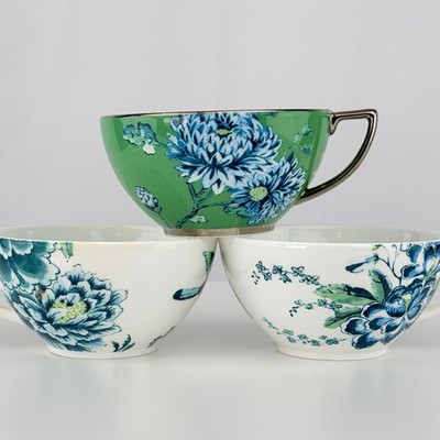 Jasper Conran Wedgwood Floral Teacups Bone China Blue Green Set of 3