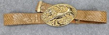 Vintage Alexis Kirk Brown Snakeskin Adjustable Belt w/ Gold Tone Big Buck 1980s