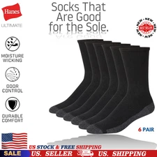 Hanes Men's Socks, 6-pair Pack Max Cushion Crew, Black/Grey Foot Bottom, 6 12 US