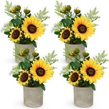 Artificial Sunflowers Decor, 4 Pack Potted Plants Yellow Fake Flower in Pots,...