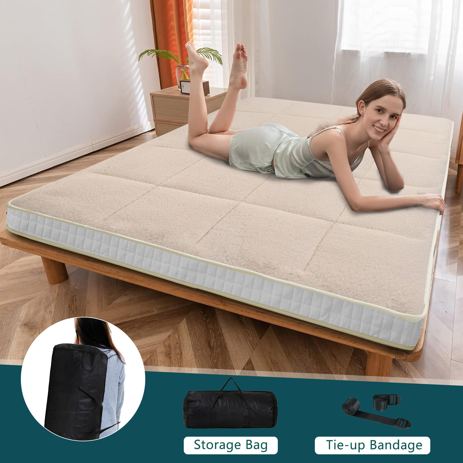 NAIZEA Japanese Floor Mattress Futon Mattress, Foldable Sherpa Fleece Mattress