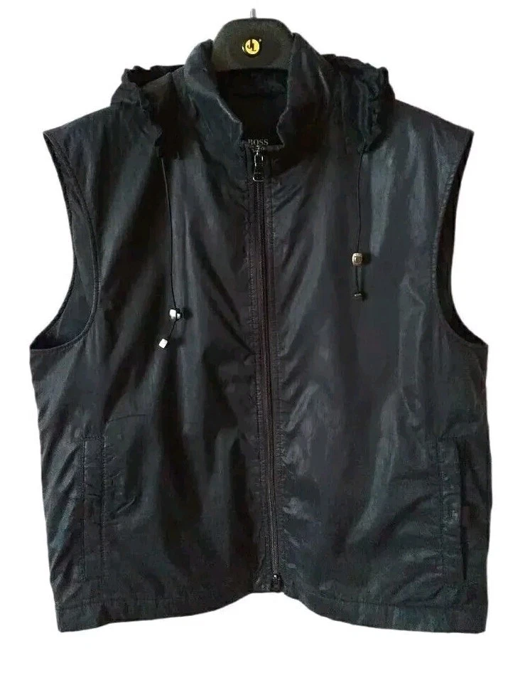 Boss Hugo Boss 52 Mens Vest with Zipper Hooded Side Pockets Nylon Black/Blue