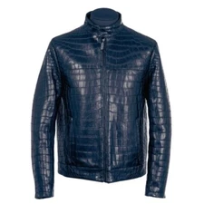 Blue Alligator Crocodile Pattern textured on genuine Lambskin leather Jacket