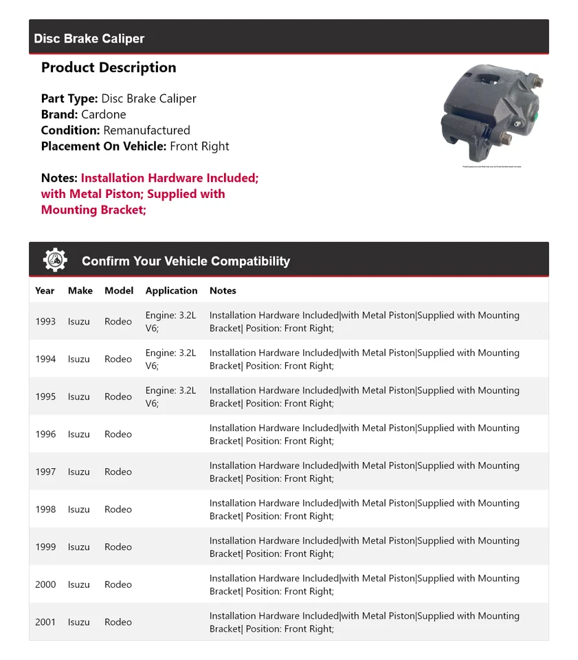 Pinza de freno de disco delantera derecha Cardone 1994 1995 1996 Isuzu Rodeo 1993-2001 Foto 2 de 4