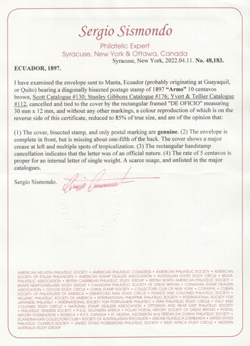Ecuador Sc 130 bisect on c. 1897 Official envelope to Manta, Unlisted, Cert. - Picture 4 of 4