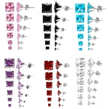 Stainless Steel Stud Earrings Cubic Zircon Square Men Women 2PC