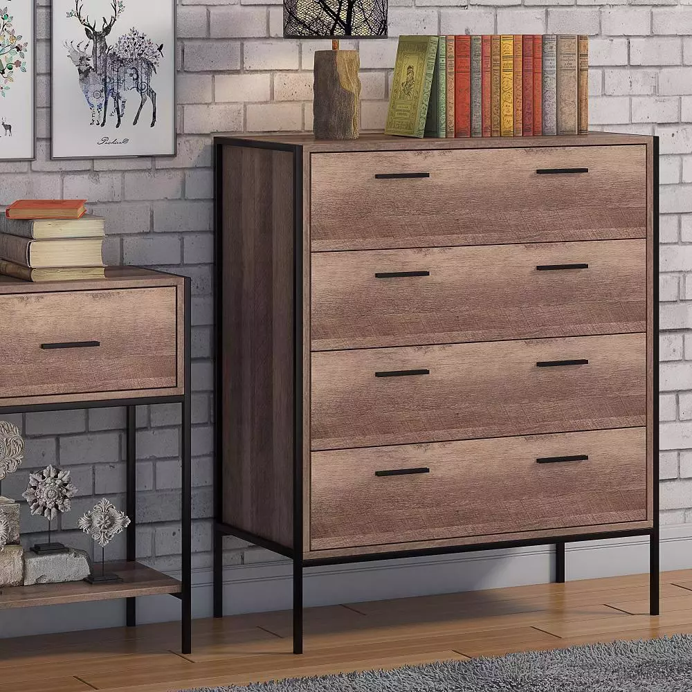 Loft Chest of Drawers Cabinet 4 Drawer Reclaimed Wood Effect Black Bar Handles