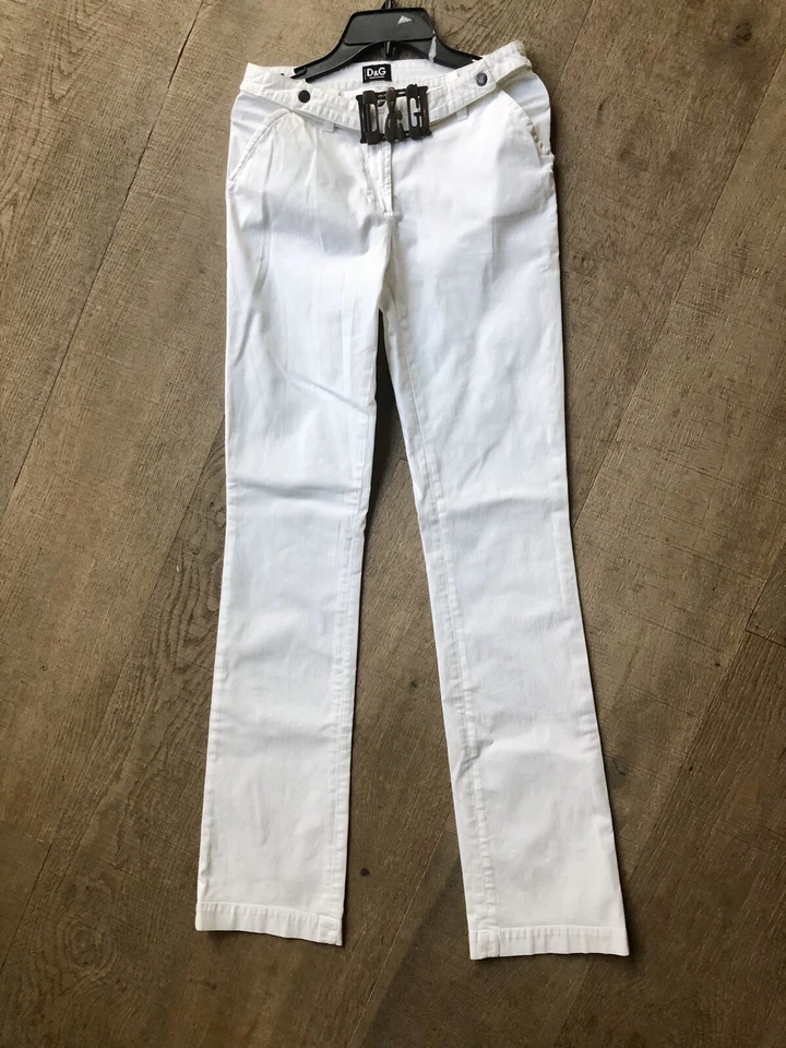 $450 Dolce & Gabbana Women off White Pants With DG Logo Buckle Size 28 - Image 3 of 4