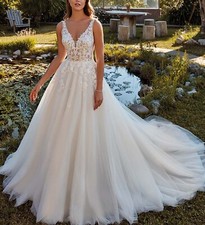 2025 Flowy Lace Bodice Wedding Dress Bridal Gown Custom made 2-28W Straps Ivory