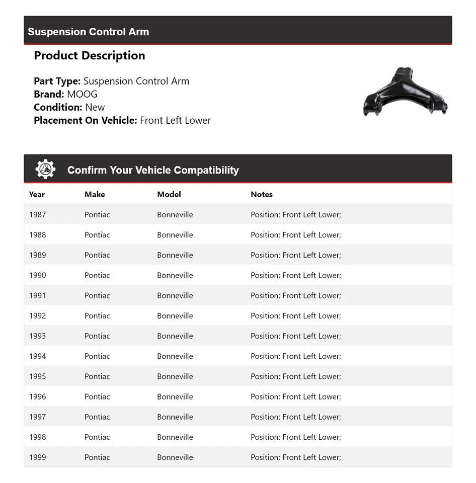Para 1987-1999 Pontiac Bonneville braço de controle de suspensão dianteiro esquerdo inferior MOOG - Imagem 2 de 4