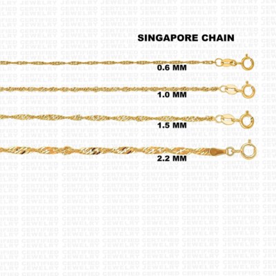 10K Solid Gold Singapore Rope Chain Necklace, 7'' - 30'' Inches, 0.8mm To 2.2mm