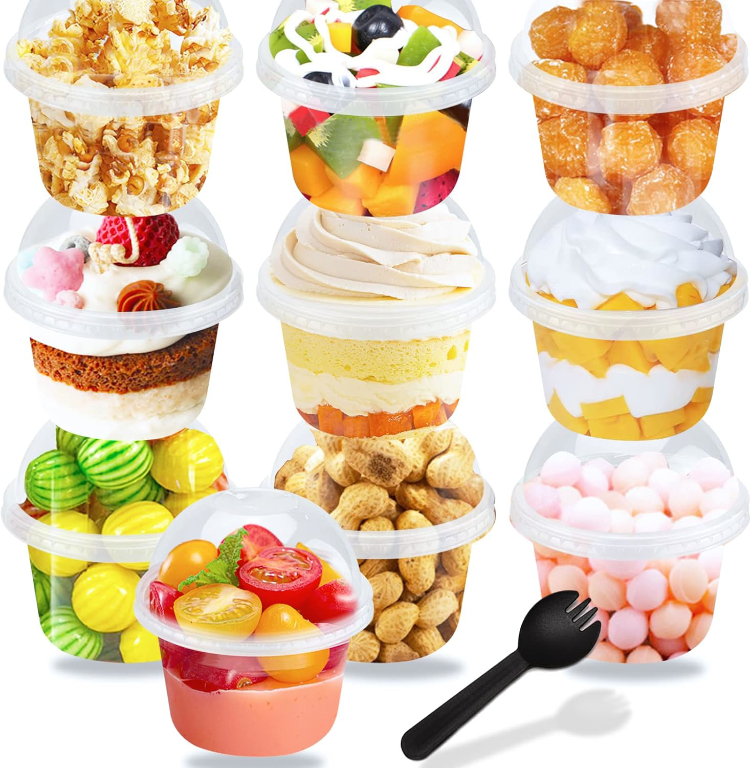 50 Pcs 8oz Clear Plastic Dessert Cups with Dome Lids and Sporks