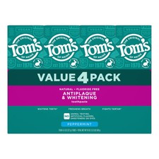 Tom s of Maine Antiplaque and Whitening Fluoride Free Mint Toothpaste 4 pk 4.5OZ 1.25 per gallon