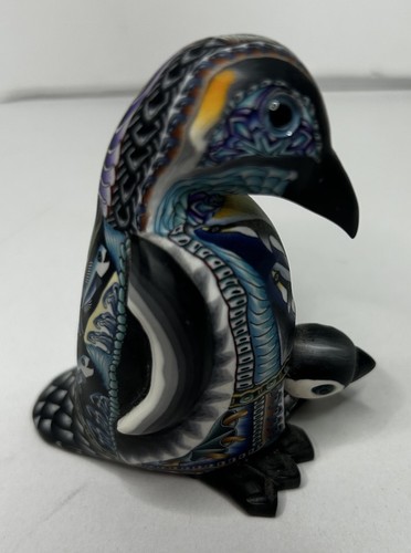 Artisan Polymer Clay Mother Baby Penguin Sculpture Signed JA 2013