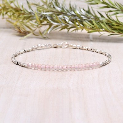 ROSE QUARTZ SILVER Gemstone Bracelet, Hill Tribe silver, January Birthstone