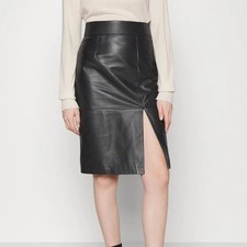 Women's Genuine Leather Slit Skirt Elegant High Waist Casual Chic Outfit