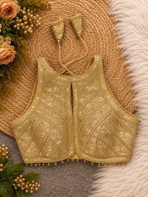 Premium Zardozi Sequin Embroidered Silk Blouse High Neck Latkans Standard Size