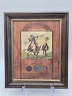 VINTAGE THE ROUND UP FRAMED DISPLAY 1915 US SILVER BARBER QUARTER & 2 BARBER...