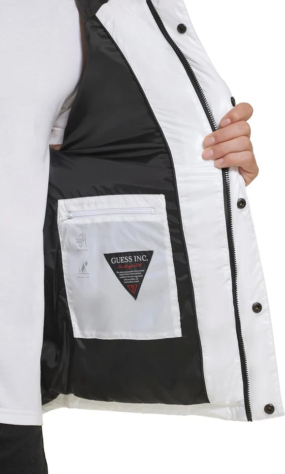 GUESS Puffer Jacket Men XL Logo Sleeve Hooded Insulated Shiny White Coat, NWT - Image 3 of 4