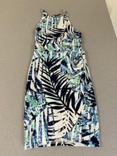 Premier Amour Dress Womens 10 White Navy Blue Palm Print Sleeveless Summer New